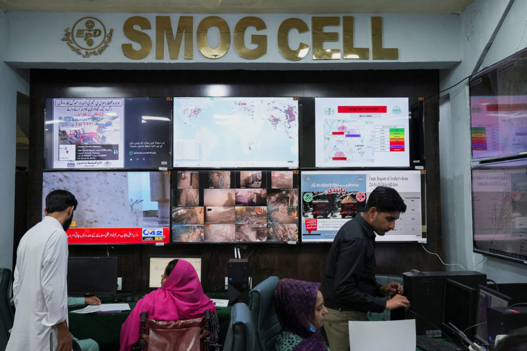 Monitor screens displaying the smog situation at the Smog Cell at the Environment Protection and Climate Change Department...