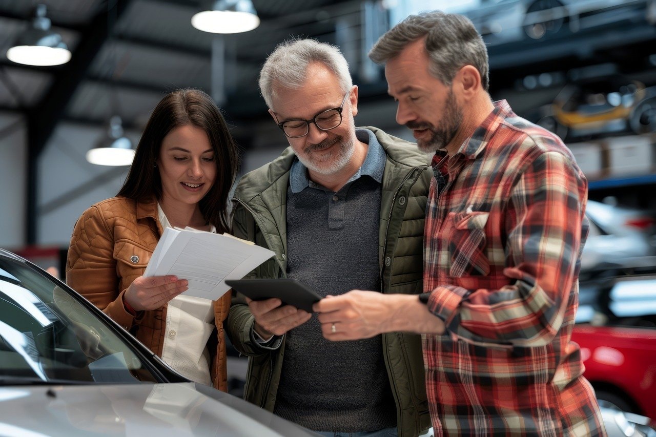 Three people are reviewing documents at the car, source pixabay.com