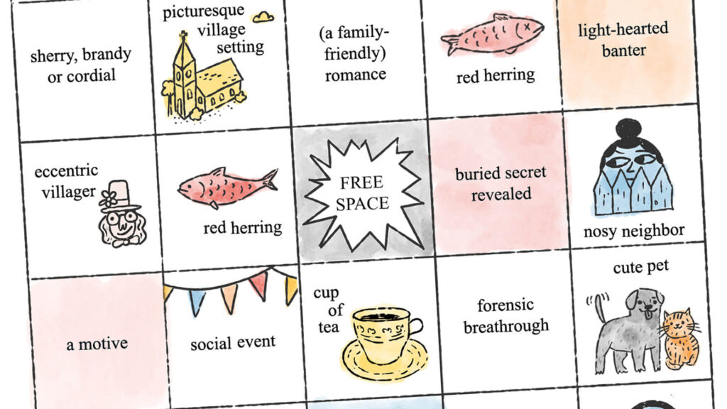A portion of a bingo card with watercolor illustrations of cozy mystery tropes, including a picturesque village setting, red hearing, nosy neighbor, and more. The full bingo card is a downloadable game from MASTERPIECE on PBS.