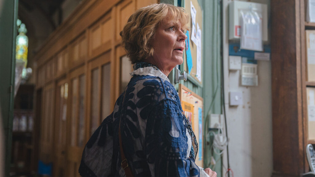 Actor Samantha Bond as character Judith Potts in the cozy crime drama The Marlow Murder Club on MASTERPIECE on PBS.